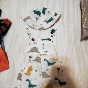 Dinosaur Print Baby Overalls and Hat Set